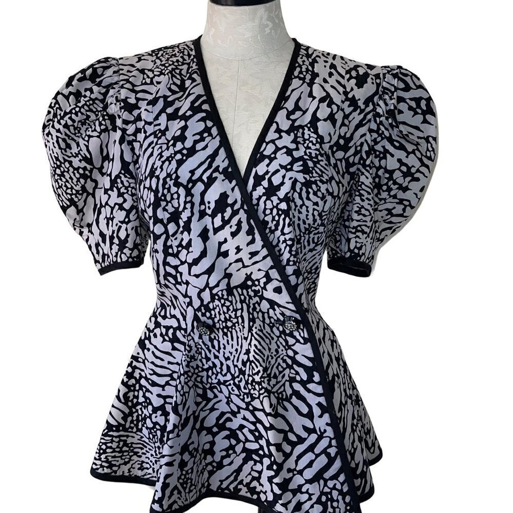 Lillie Rubin Women Jacket Size Small Black Cotton Peplum Puff Sleeves Rhinestone